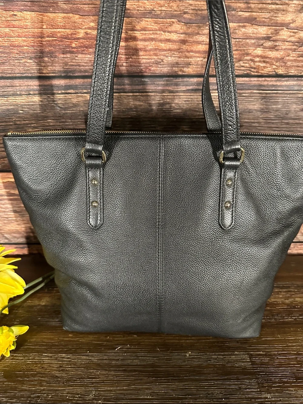 kate spade black leather tote with gold hardware